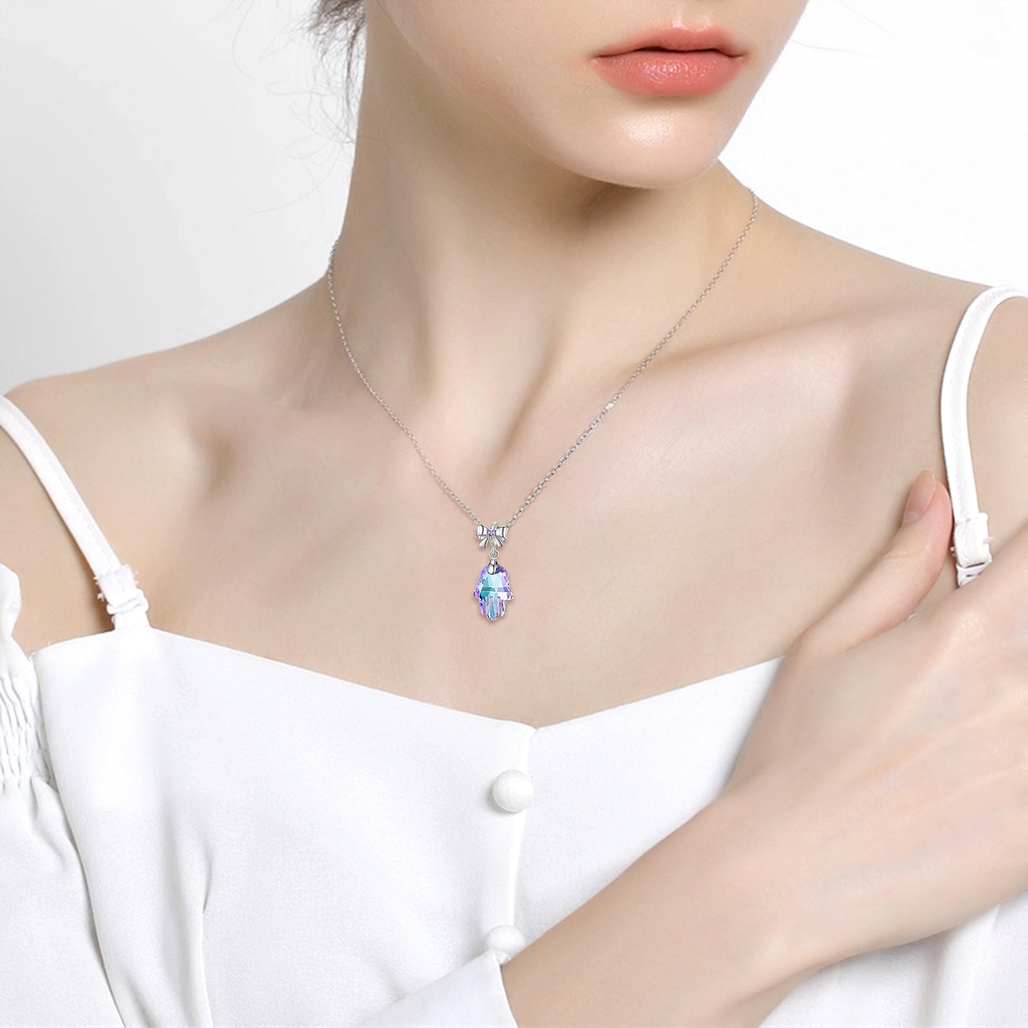 Purple Light Fatima's Hand Crystal 925 Sterling Silver Bow Necklace Bracelet Diy Pendant