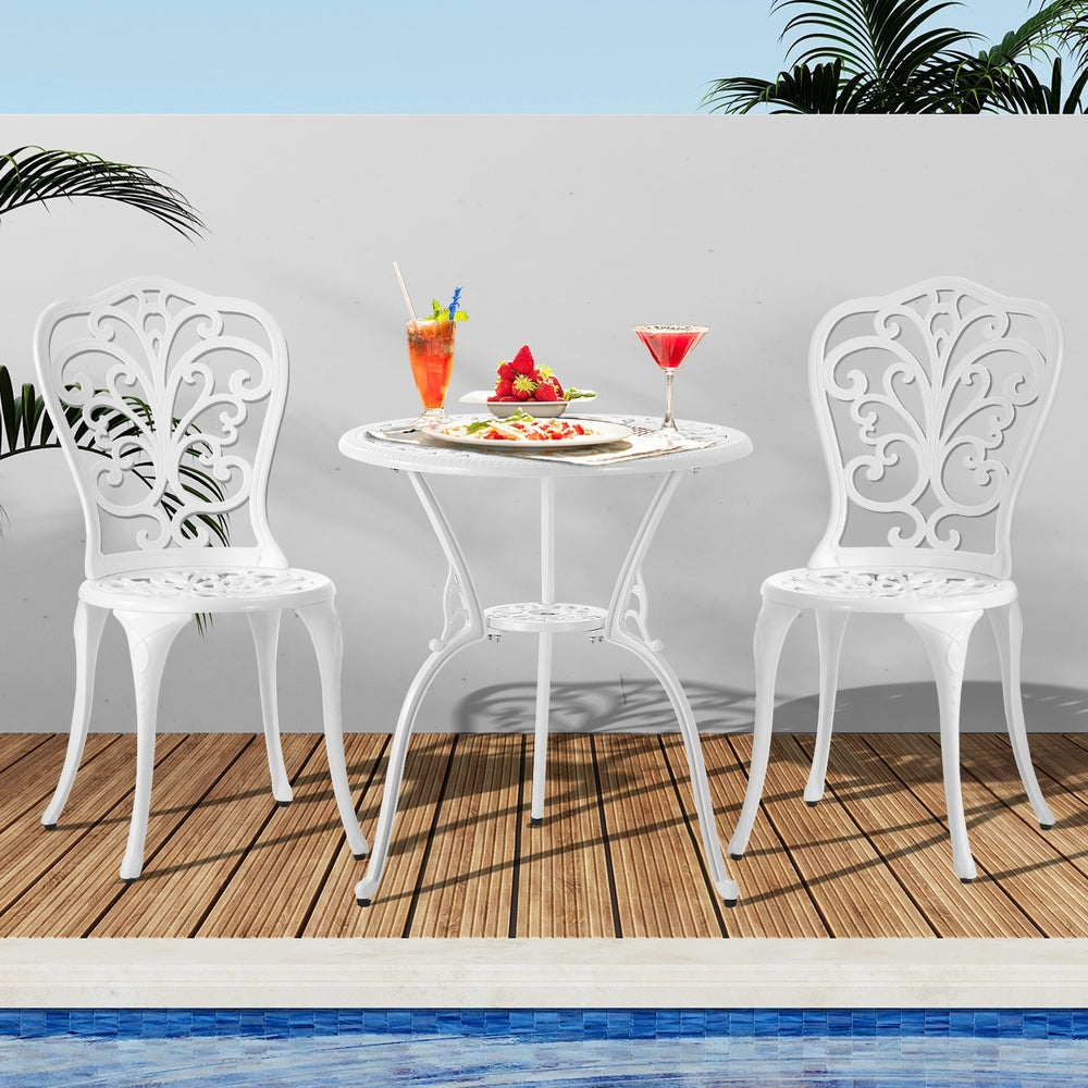 Outdoor Patio Set 3pcs Cast Aluminum Table and Chairs White