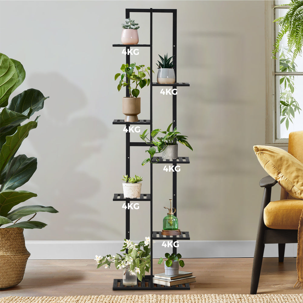 7-Tier Bamboo Plant Stand Staggered Shelves Black