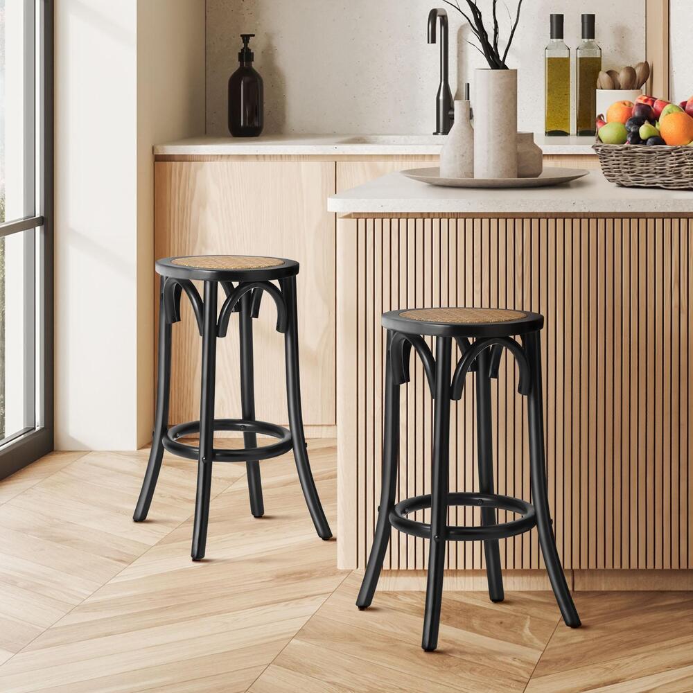 2 pcs Wooden Bar Stools Rattan Backrest Black