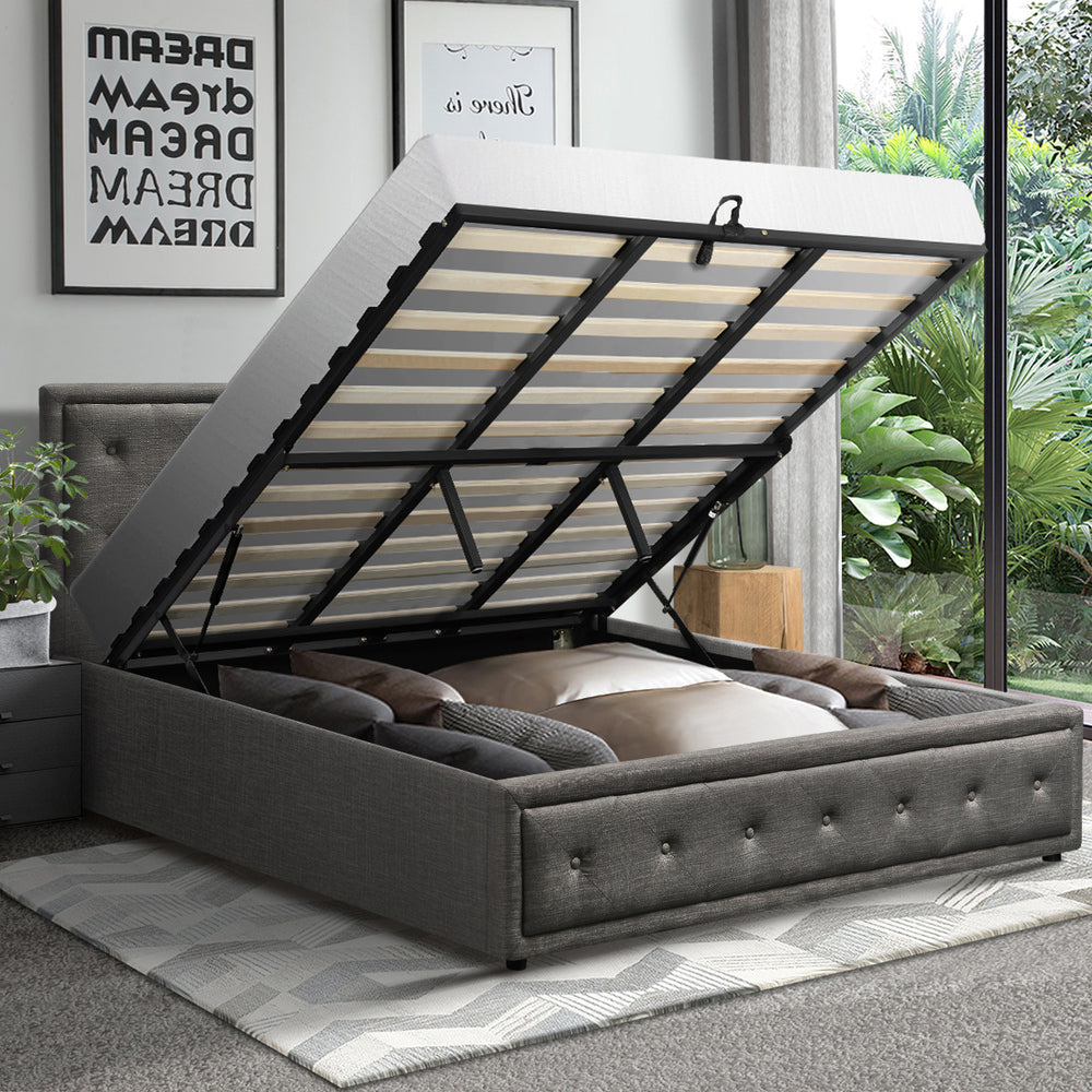King Bed Frame with Gas Lift Storage Base Grey