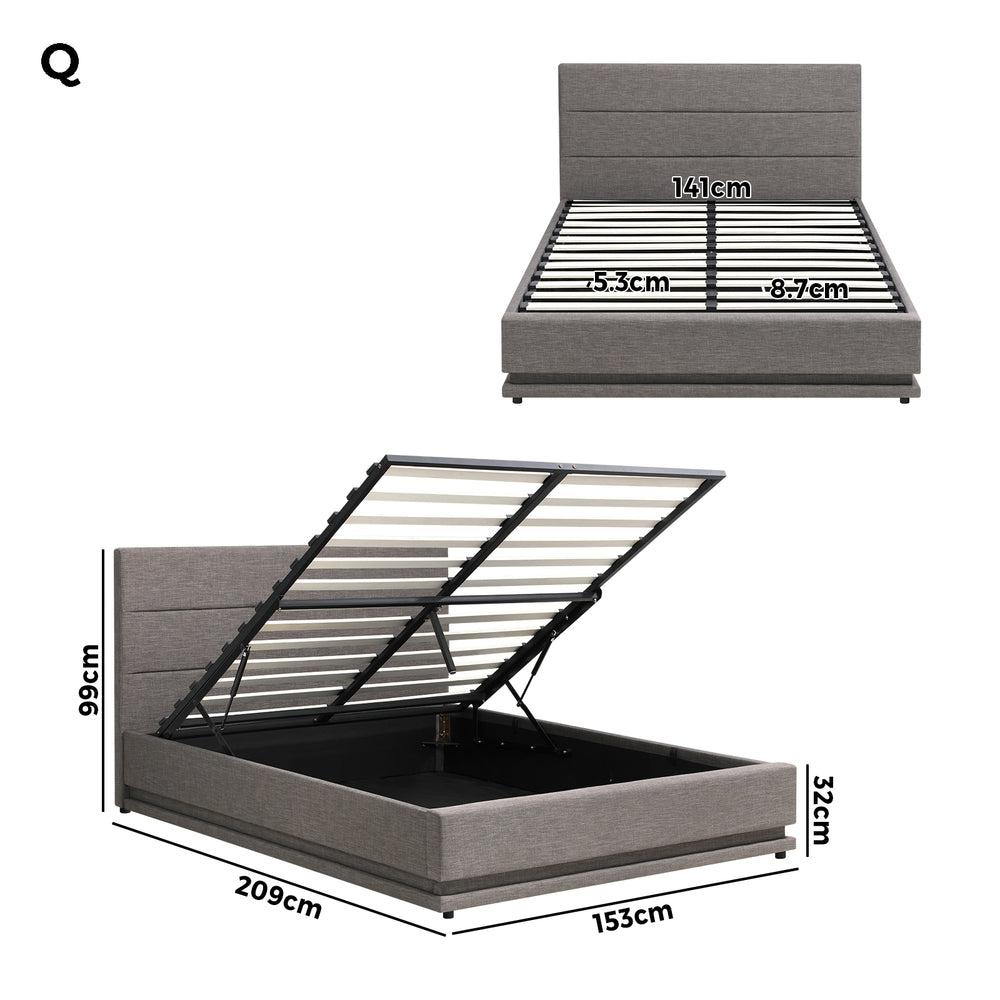 Queen Bed Frame with Gas Lift LED Storage Space Grey