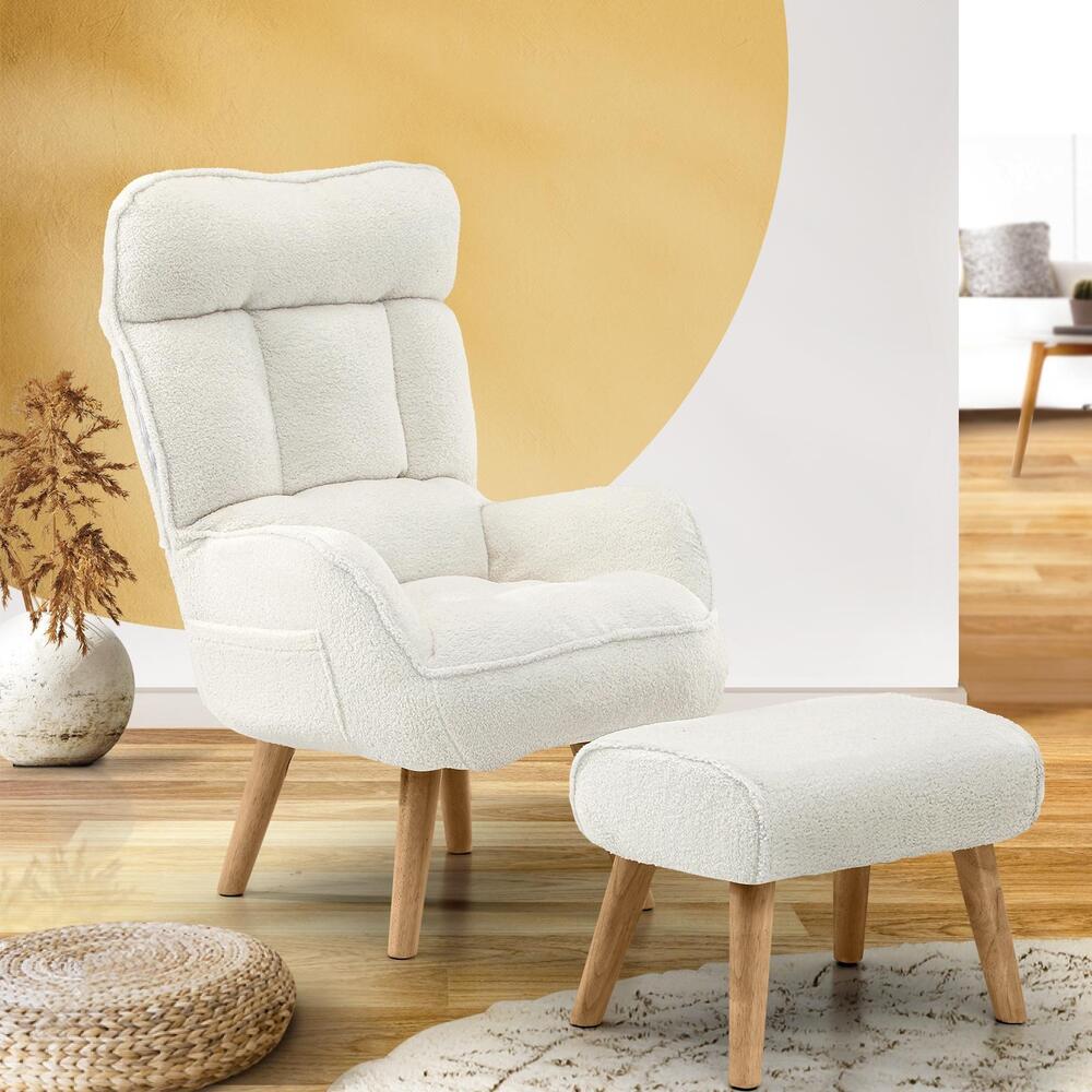 Swivel Armchair with Ottoman Sherpa White