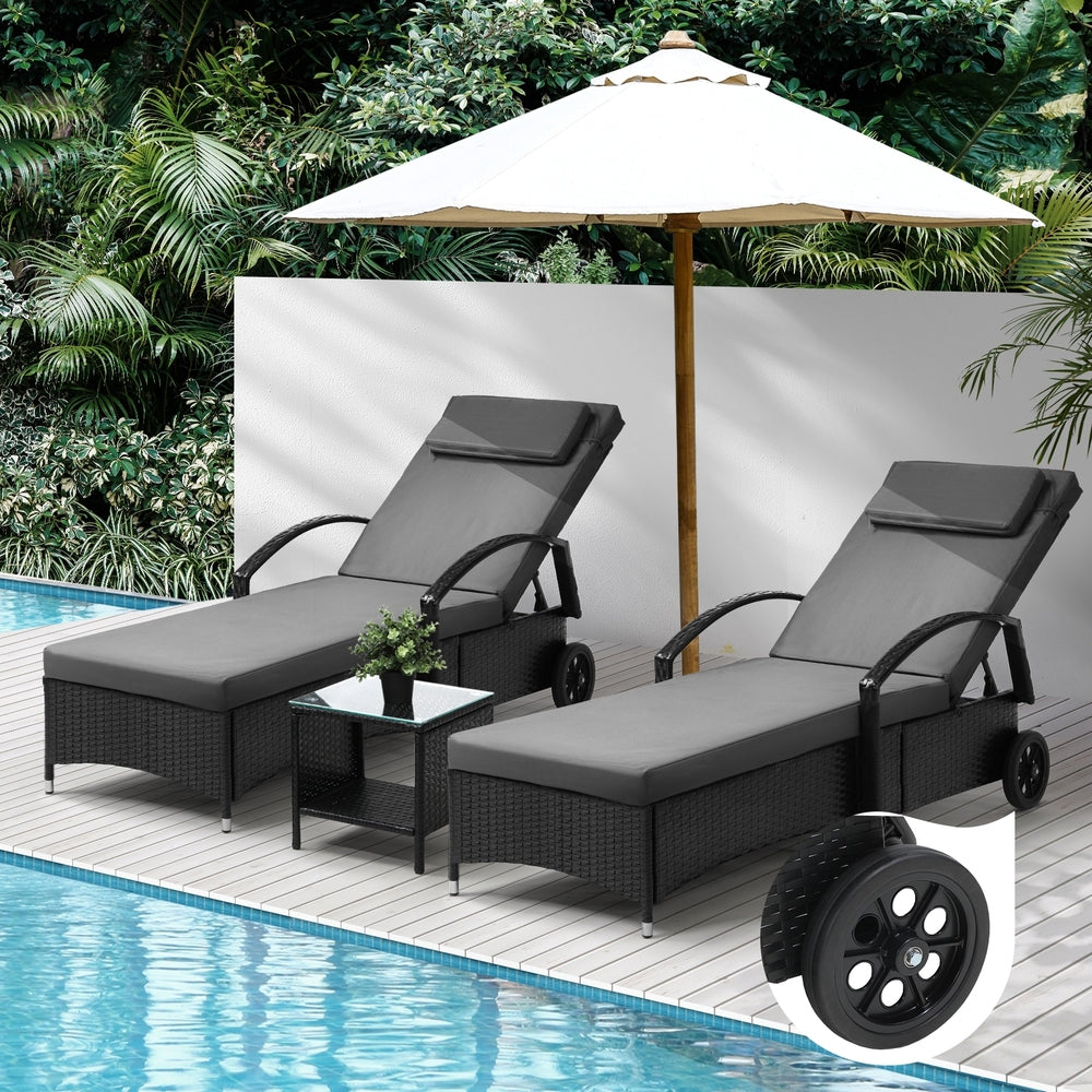 2pcs Wheeled Sun Loungers with Table Outdoor Set Black