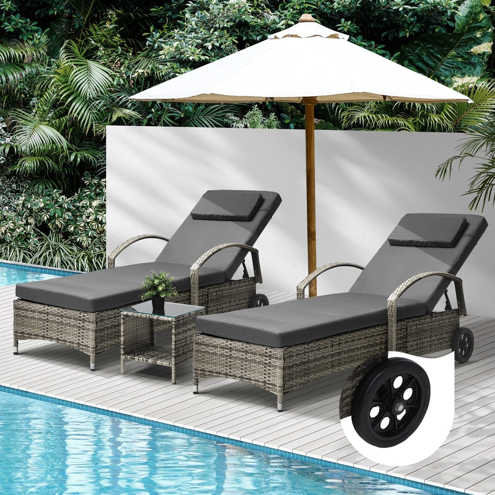2pcs Wheeled Sun Loungers with Table Outdoor Set Grey