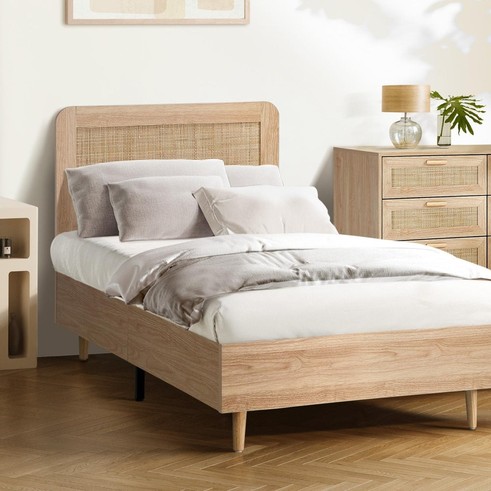 Single Size Wooden Bed Frame with Rattan Headboard