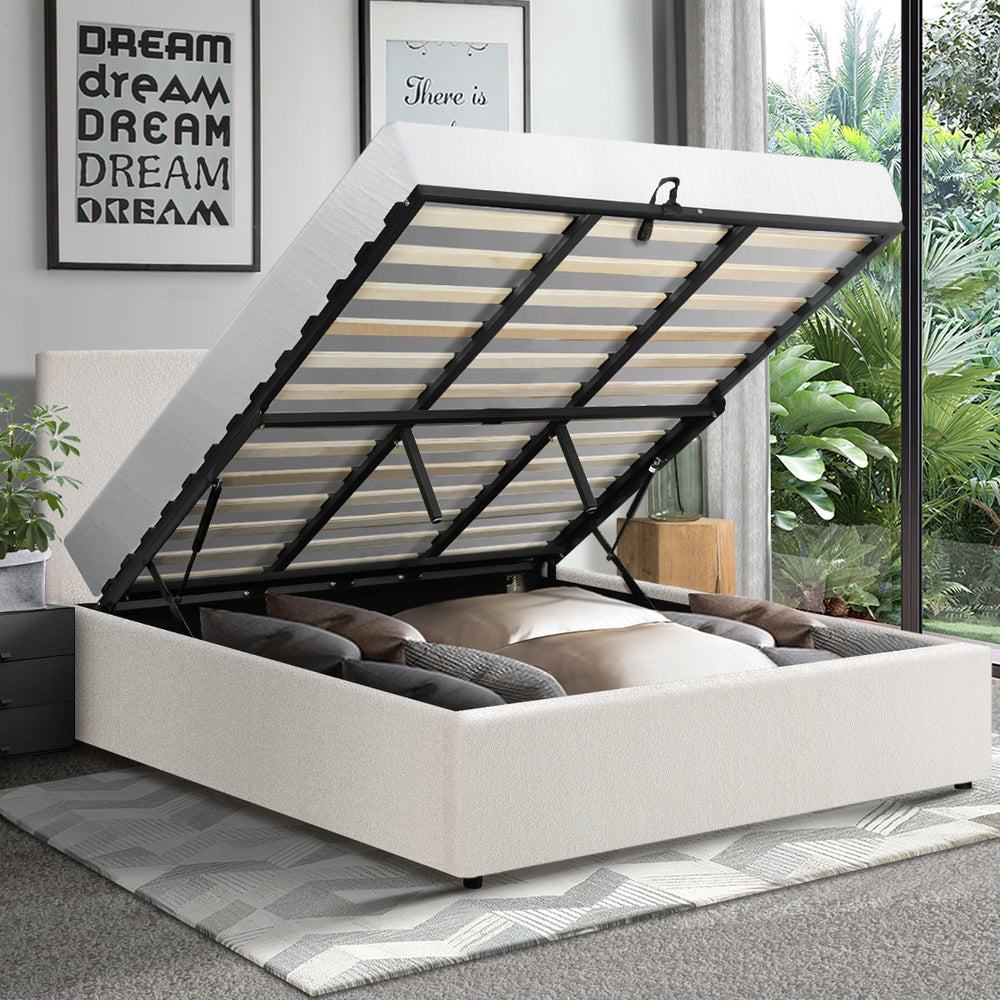 King Bed Frame with Gas Lift Storage Base White Boucle