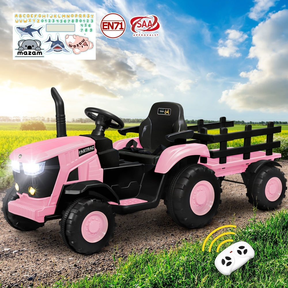 XL Kids Ride On Tractor 12V with Trailer Remote Pink and Black