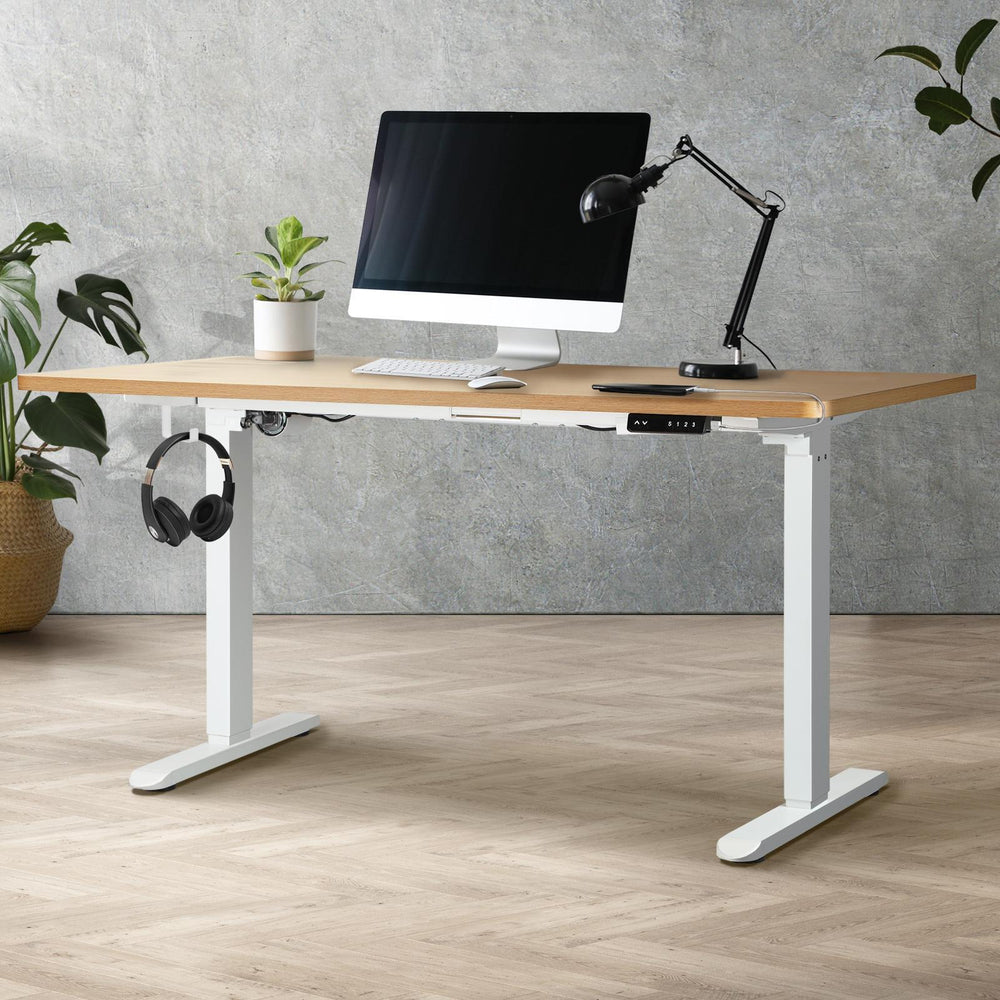 Motorised Adjustable Sit Stand Desk 160 cm White and Oak