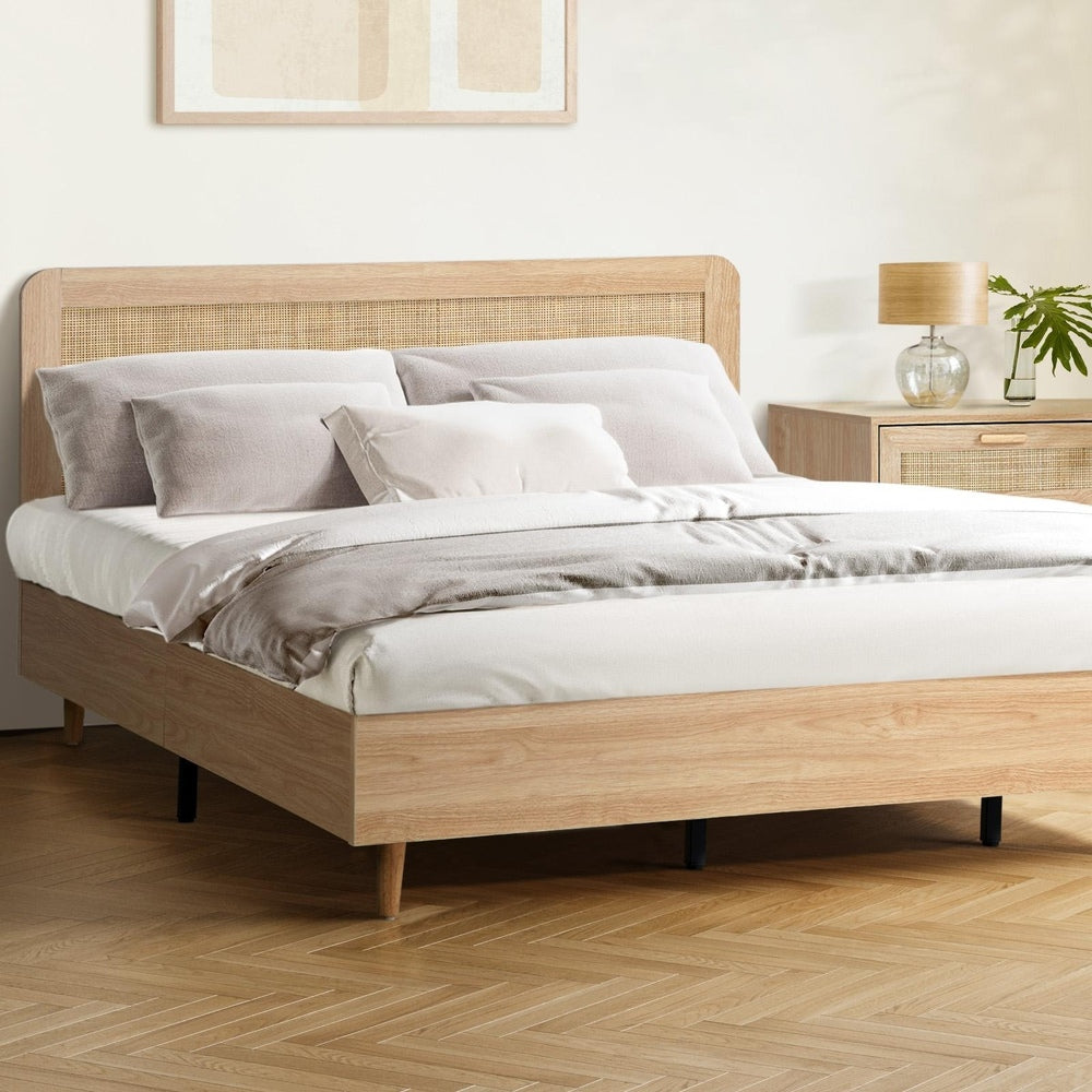 King Size Wooden Bed Frame with Rattan Headboard