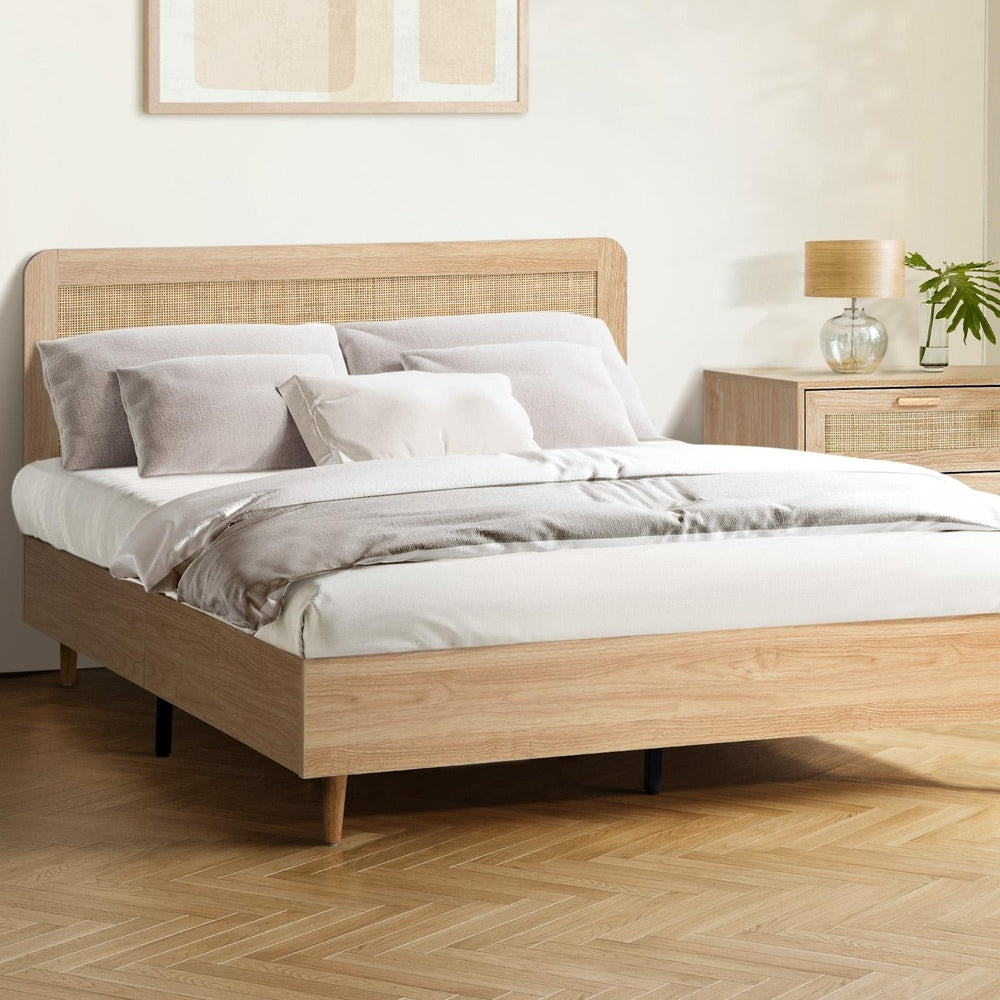 Double Size Wooden Bed Frame with Rattan Headboard