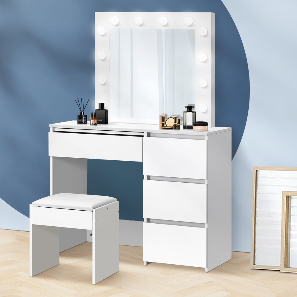 Dressing Table and Stool Set with 12 Bulb Mirror White