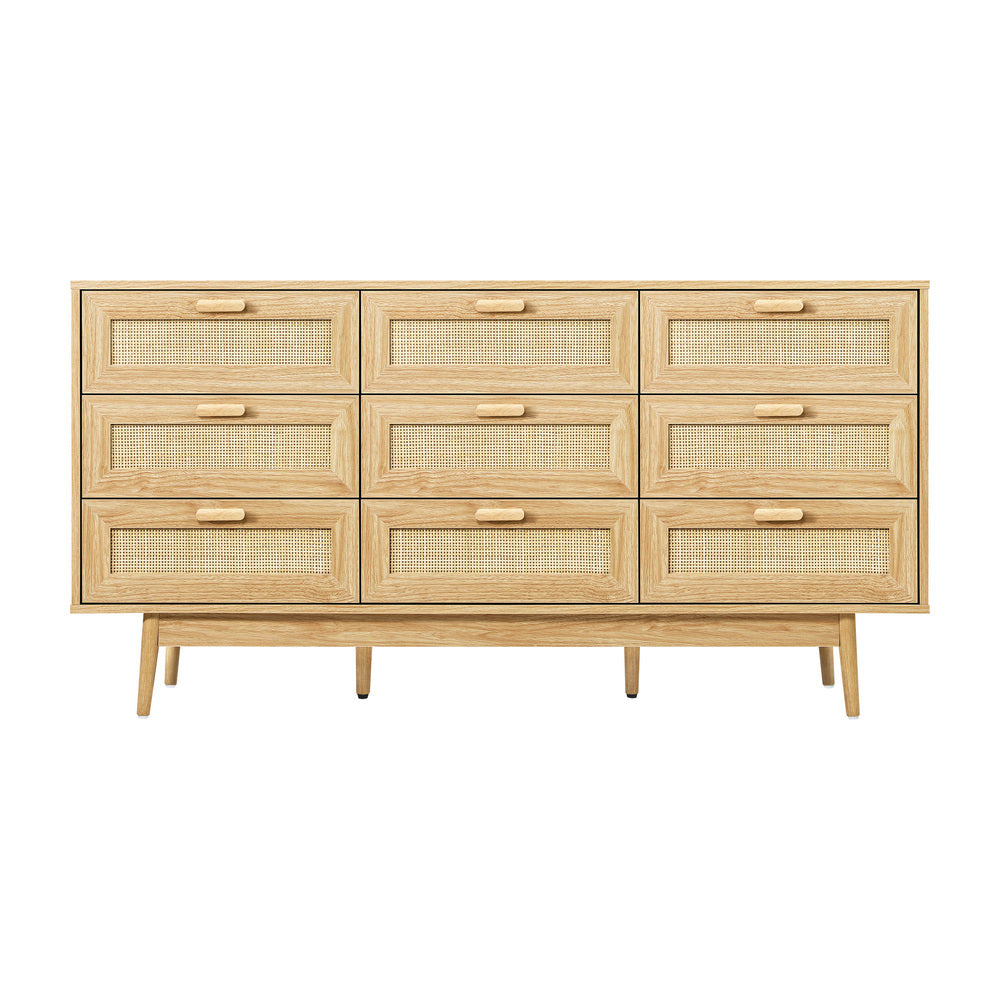9 Drawer Wooden Lowboy with Rattan Fronts