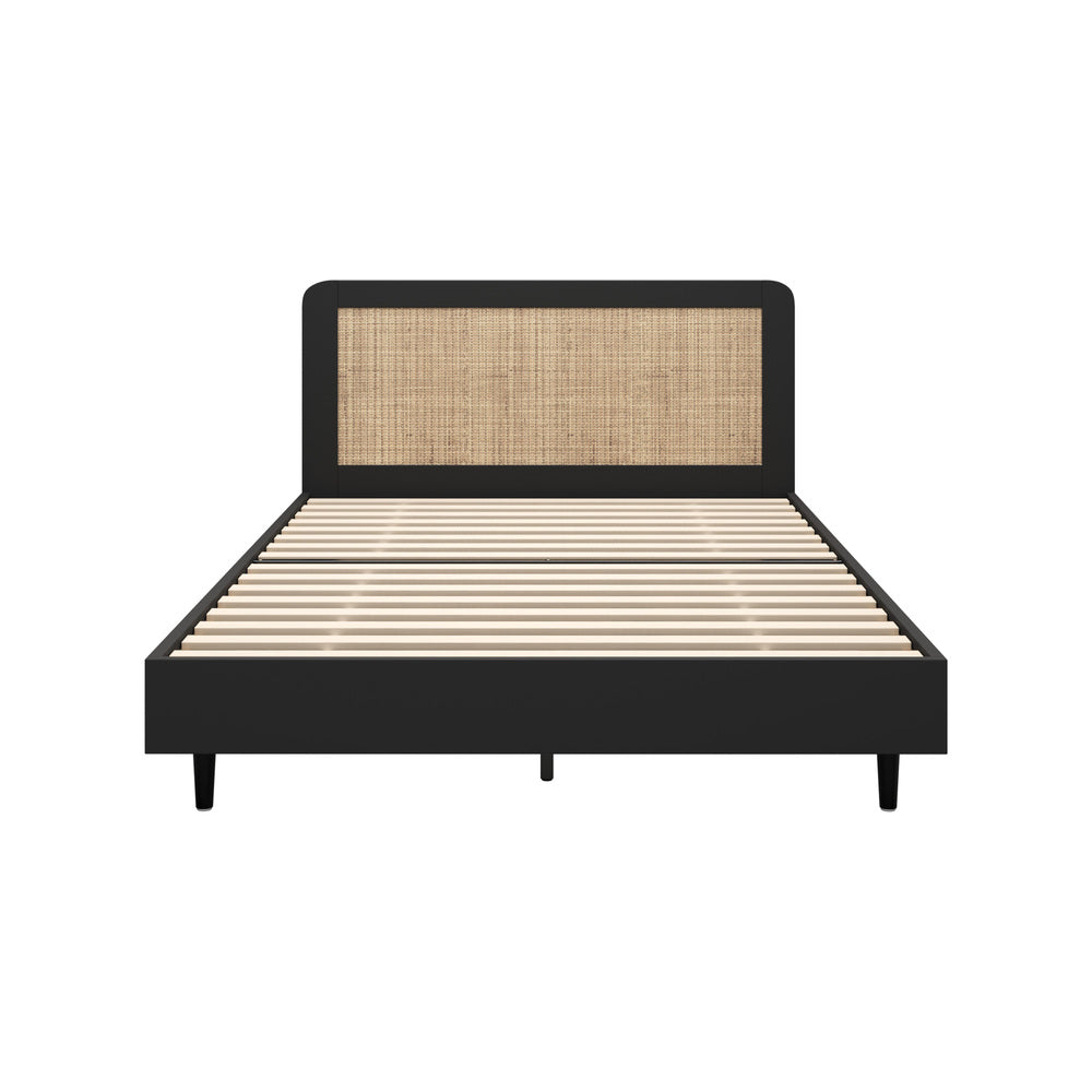 Double Bed Frame with Real Rattan Headboard Black
