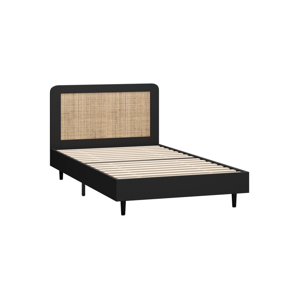 King Single Bed Frame with Real Rattan Headboard Black