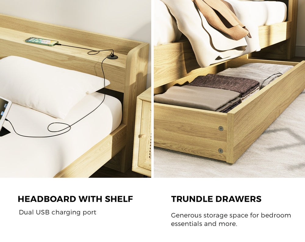 Queen Bed Frame with Charging Ports and 2 Drawers