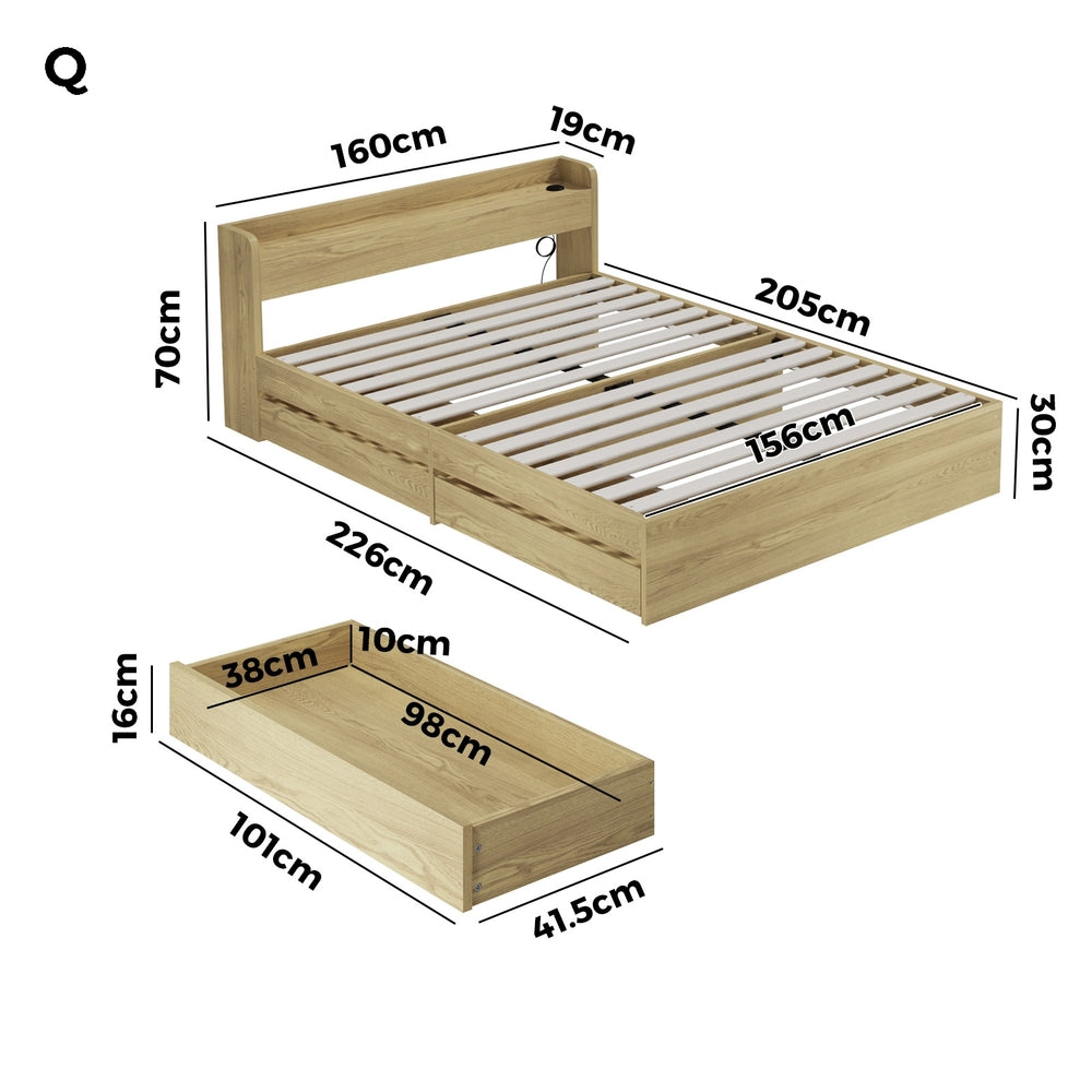 Queen Bed Frame with Charging Ports and 2 Drawers