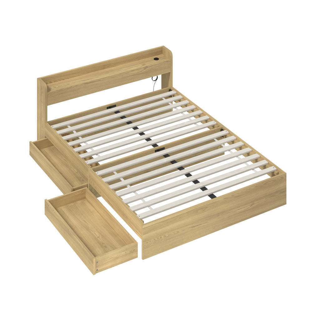 Queen Bed Frame with Charging Ports and 2 Drawers