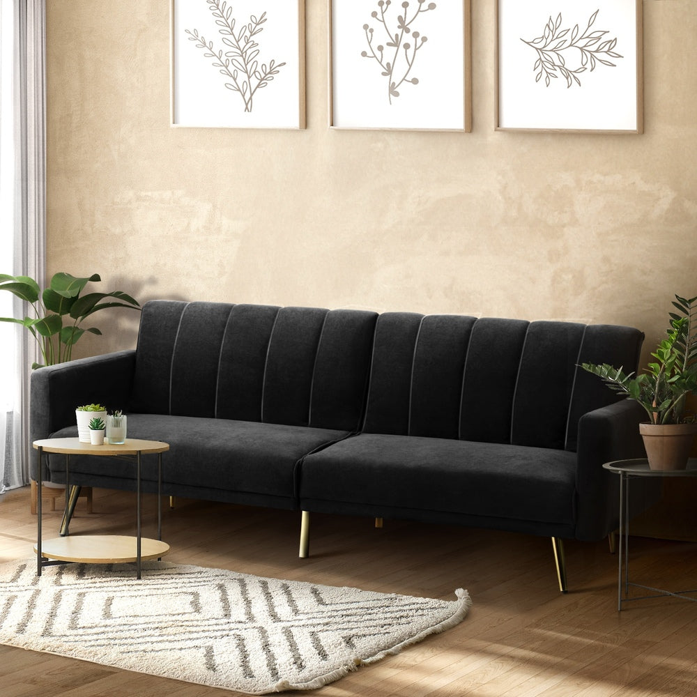 Velvet 3-Seater Sofa Bed Black
