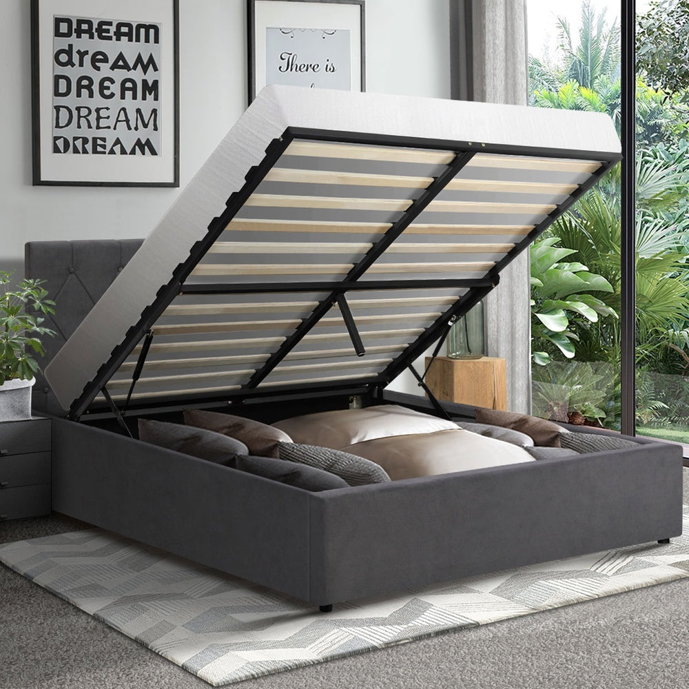 Queen Size Bed Frame with Gas Lift Storage Base Fabric Grey