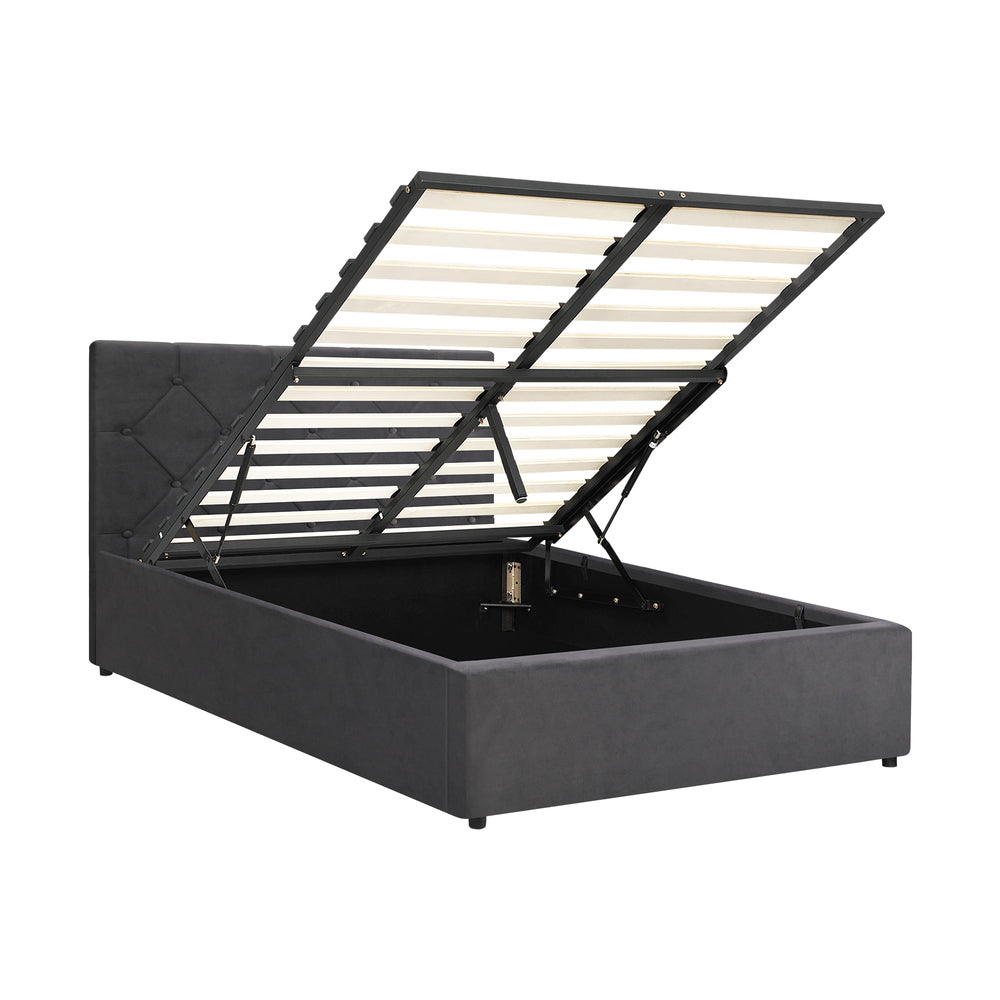 King Single Size Bed Frame with Gas Lift Storage Base Fabric Grey