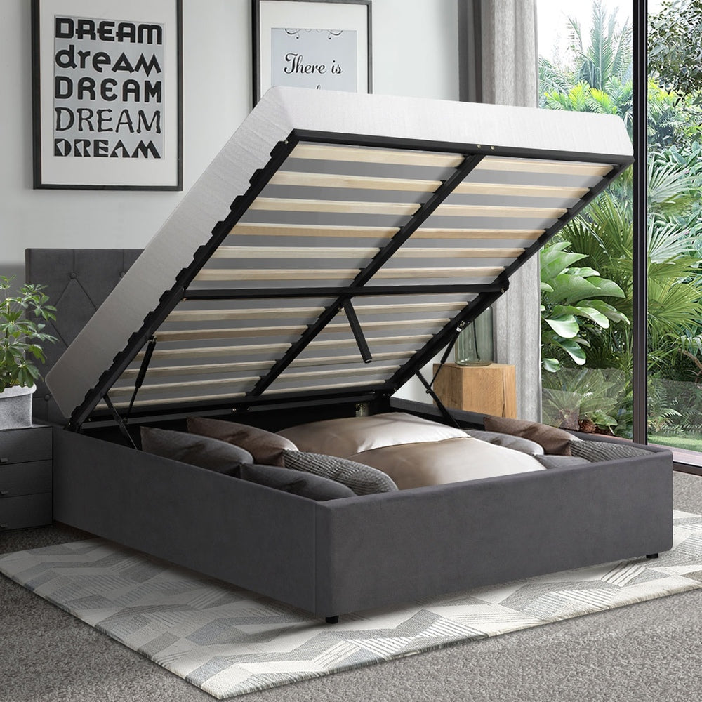King Single Size Bed Frame with Gas Lift Storage Base Fabric Grey