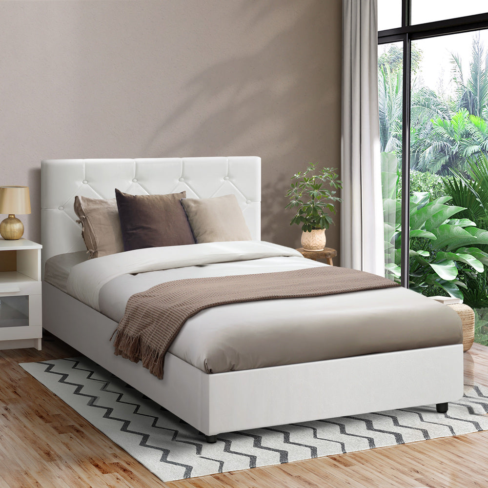 King Single Bed Frame with Gas Lift Storage Base Leather White