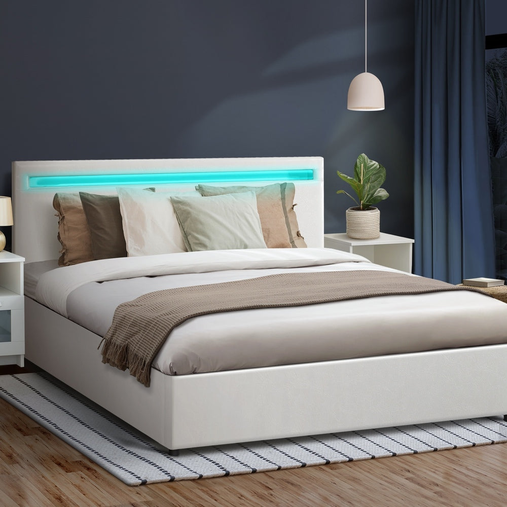 Double Bed Frame with RGB LED and Gas Lift Storage Base White