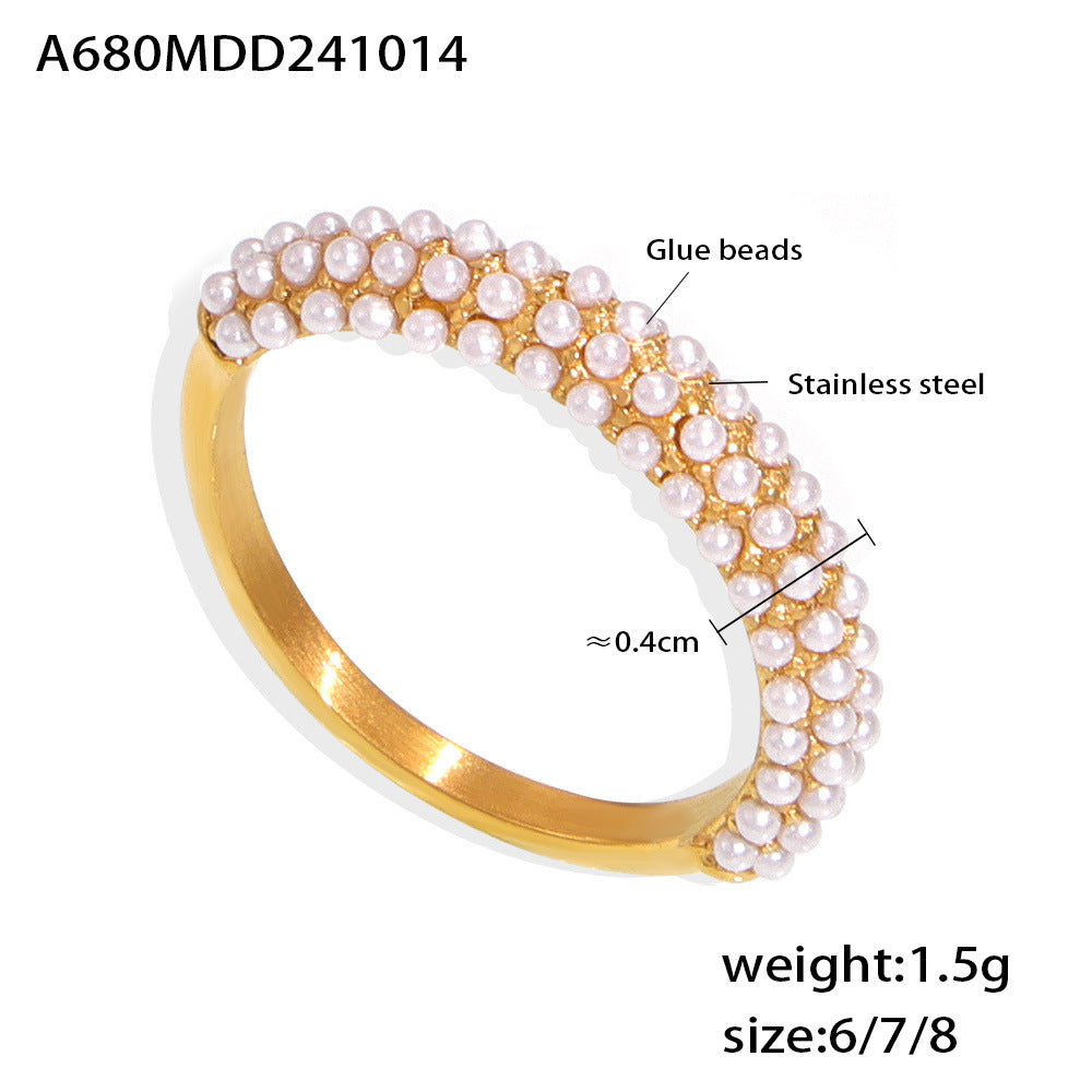 PVD Electroplated 18K Gold Inlaid Pearl Ring Female