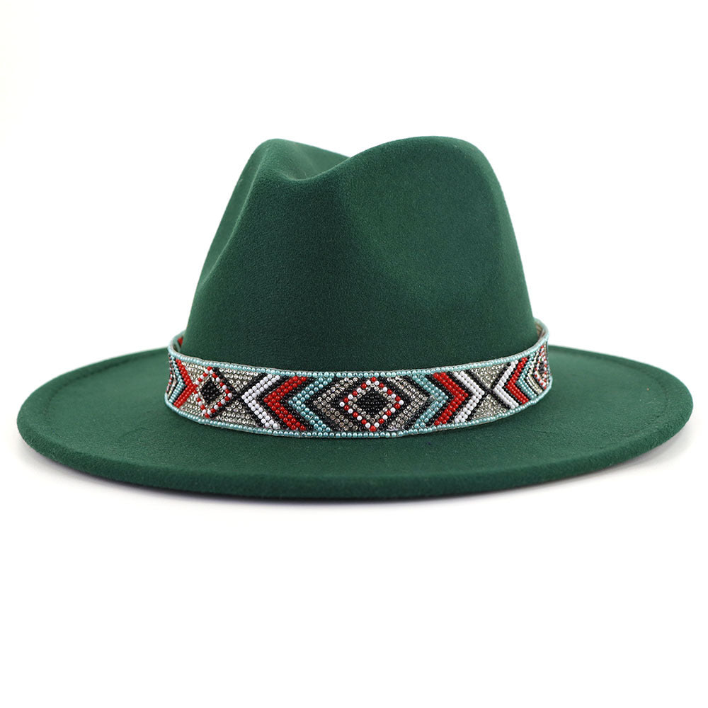 Autumn And Winter New Blue Bead Woolen Hat Fashion Panama Jazz Hat