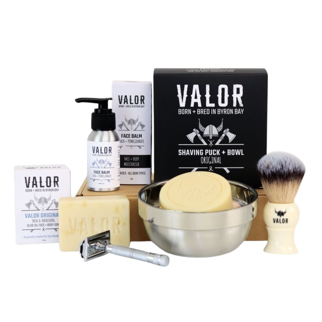 VALOR Decadent Shaving Gift Set โ Organic Razor Kit with Soap, Brush, Balm & Body Bar