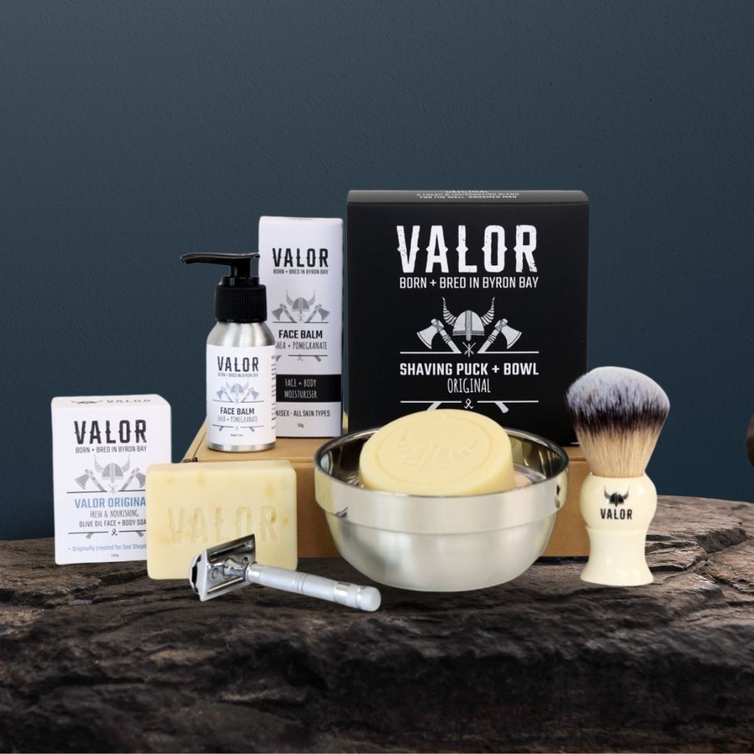 VALOR Decadent Shaving Gift Set โ Organic Razor Kit with Soap, Brush, Balm & Body Bar