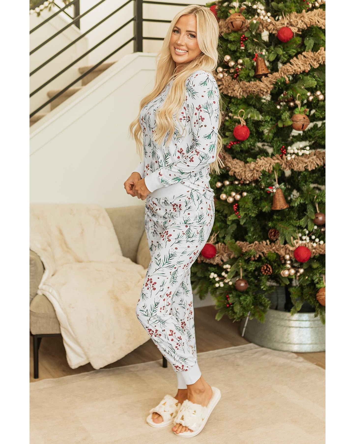 White Holly Print Thermal Pullover Pants Lounge Set - XL