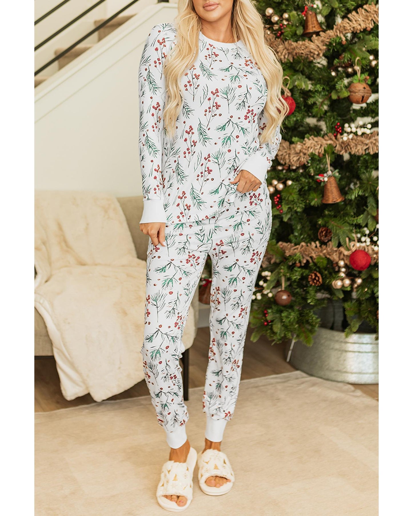 White Holly Print Thermal Pullover Pants Lounge Set - XL