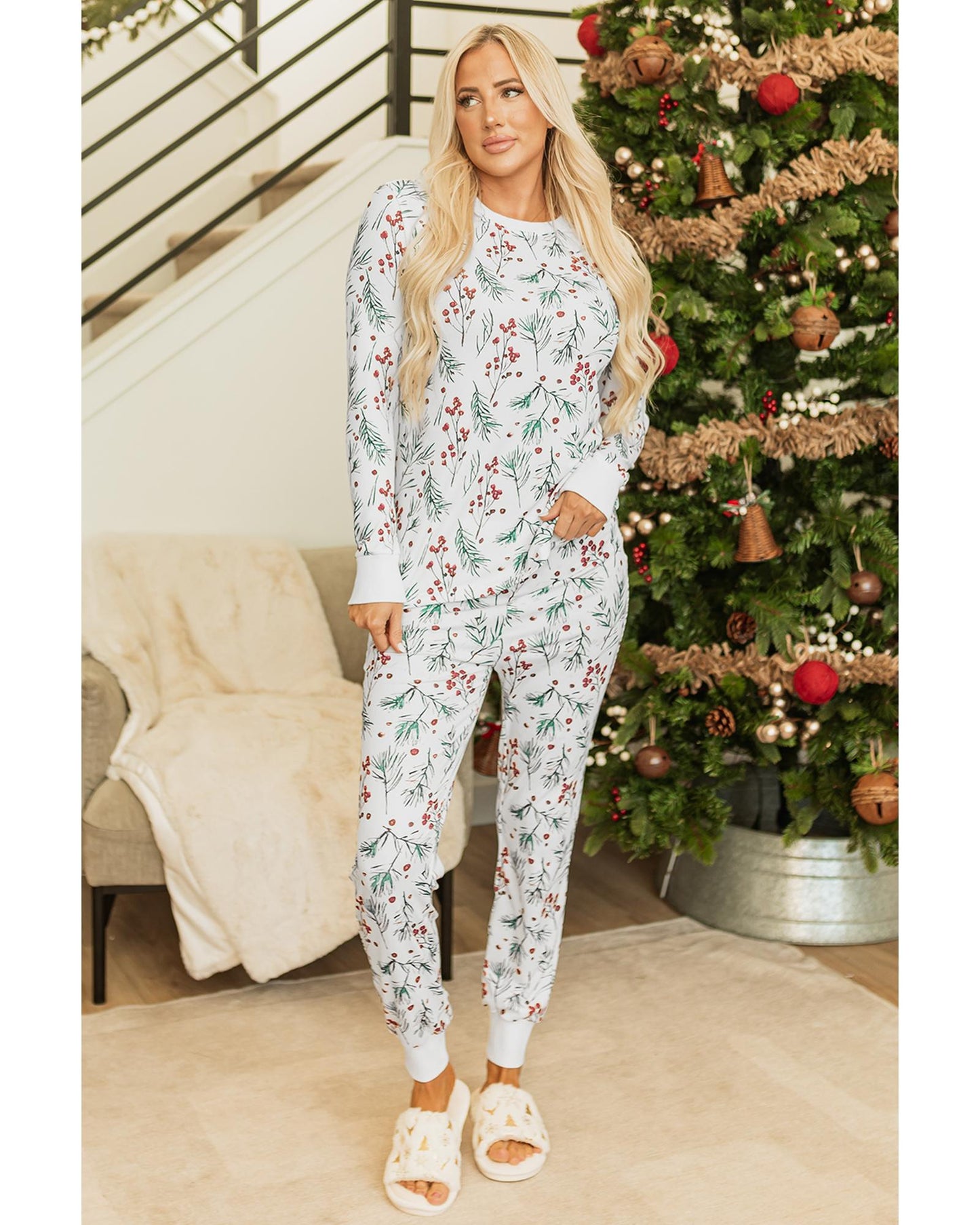 White Holly Print Thermal Pullover Pants Lounge Set - XL
