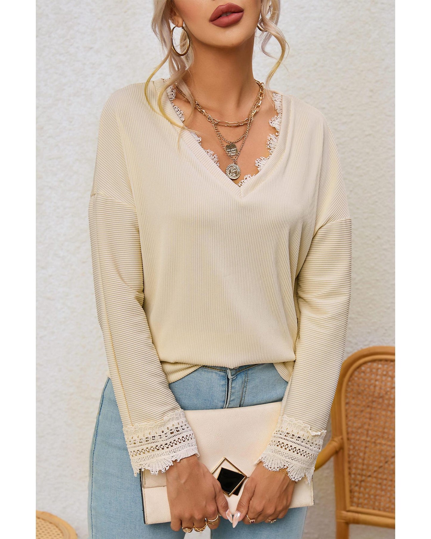 Azura Exchange Lace Trim V Neck Long Sleeve Top - S