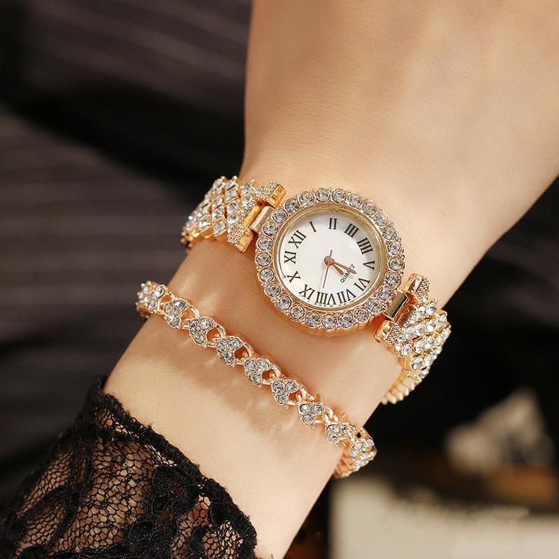 Gold Roman Diamond Watch & Bracelet Set for Women
