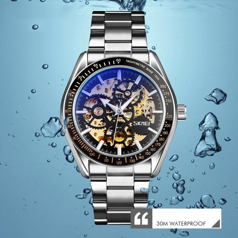 Golden Steel Band Automatic Skeleton Watch for Men