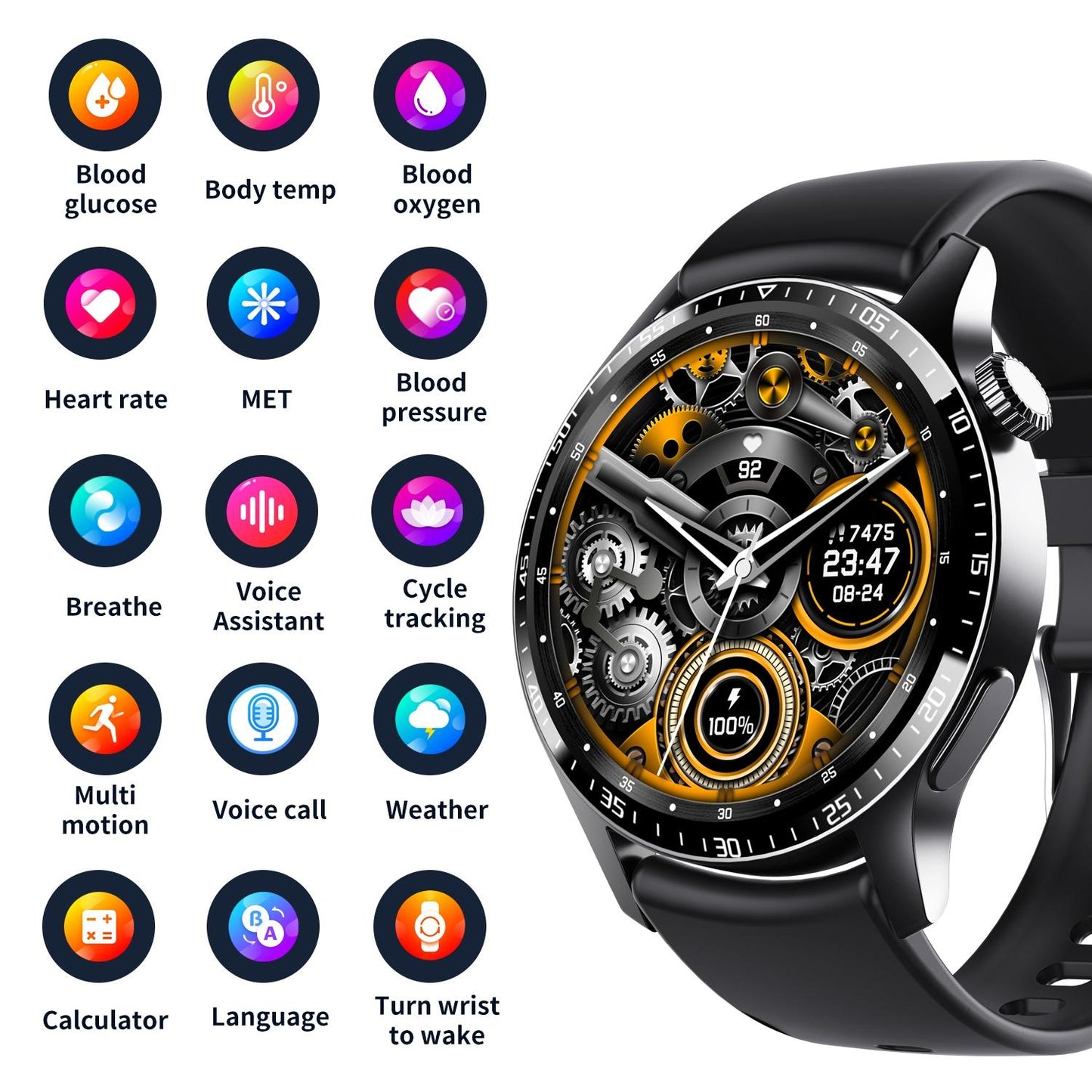 1.35 Inch Smart Watch Bluetooth Calls Health Monitoring 150+ Sports Black - Silver 3-Beads Steel