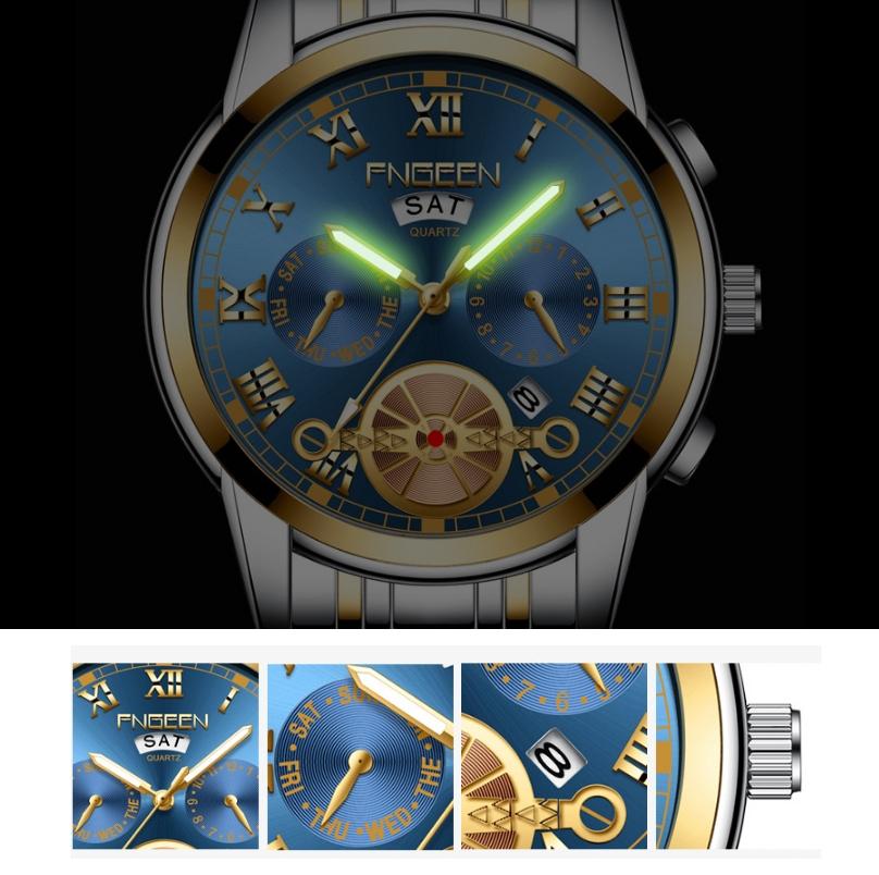 Gold Black Multi-function Men Quartz Watch with Gold Nails