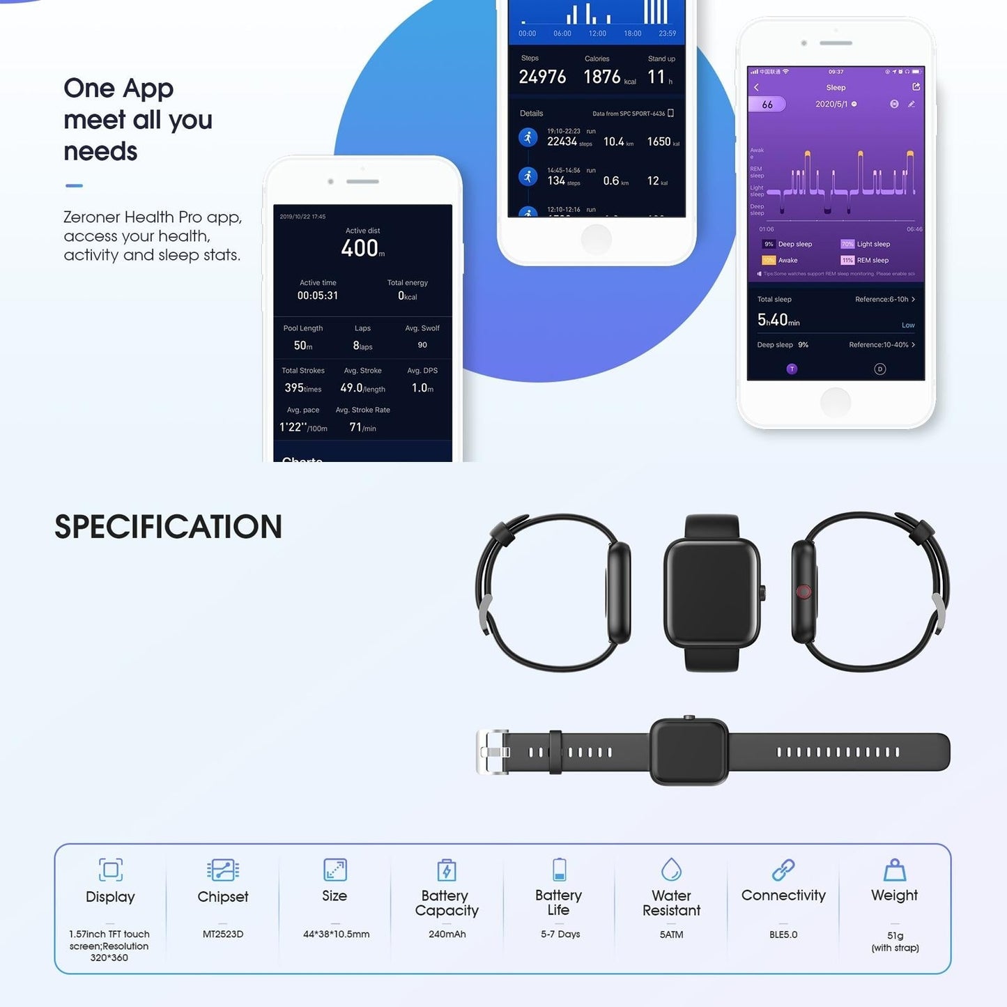 1.57 Inch Tft Touch Screen 5Atm Waterproof Smart Watch Support Sleep Monitoring / Heart Rate Monitoring / Sport Mode / Incoming Call & Information Reminder Black