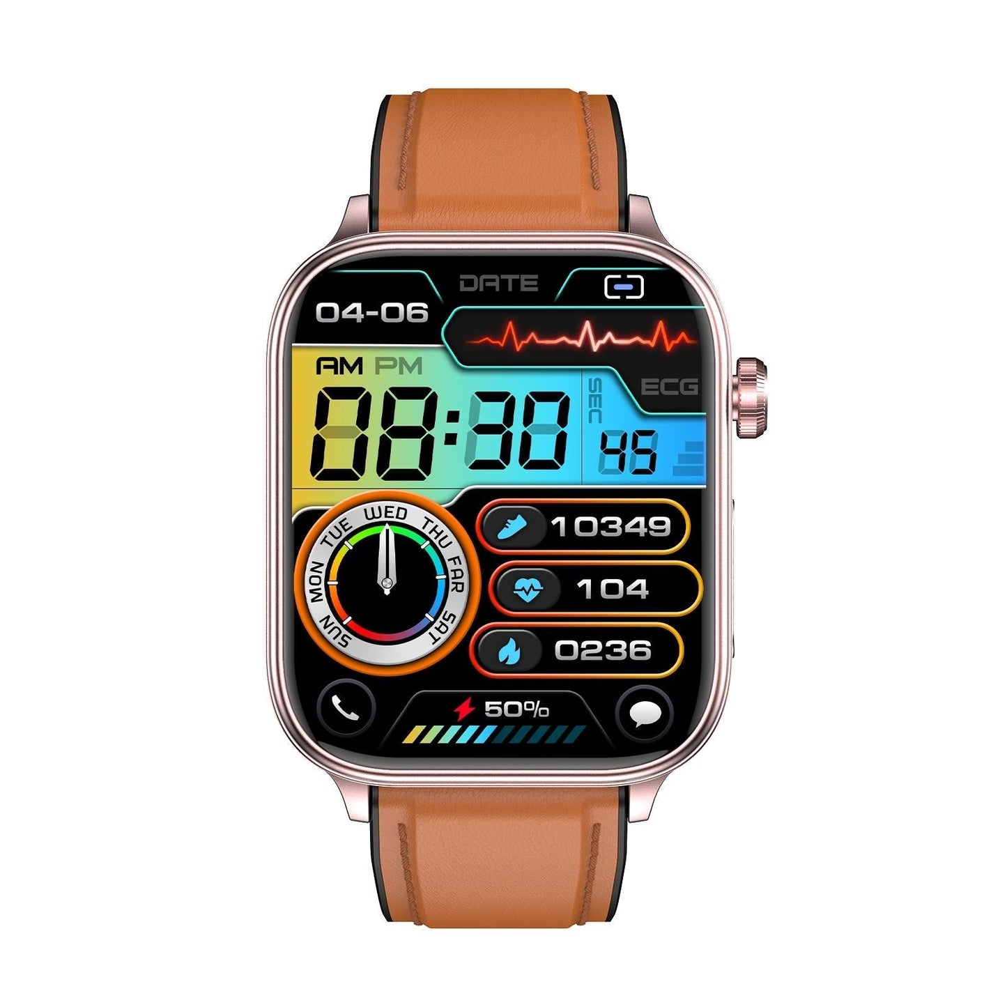 1.96 Inch Colour Screen Smart Watch Leather Strap Support Bluetooth Call / Ecg - Black