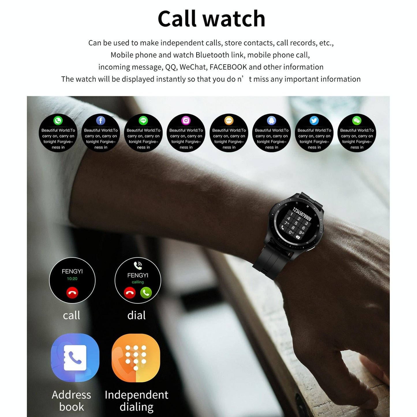Waterproof Smart Bracelet With Touch Screen Bluetooth Call And Heart Rate Monitor - Black
