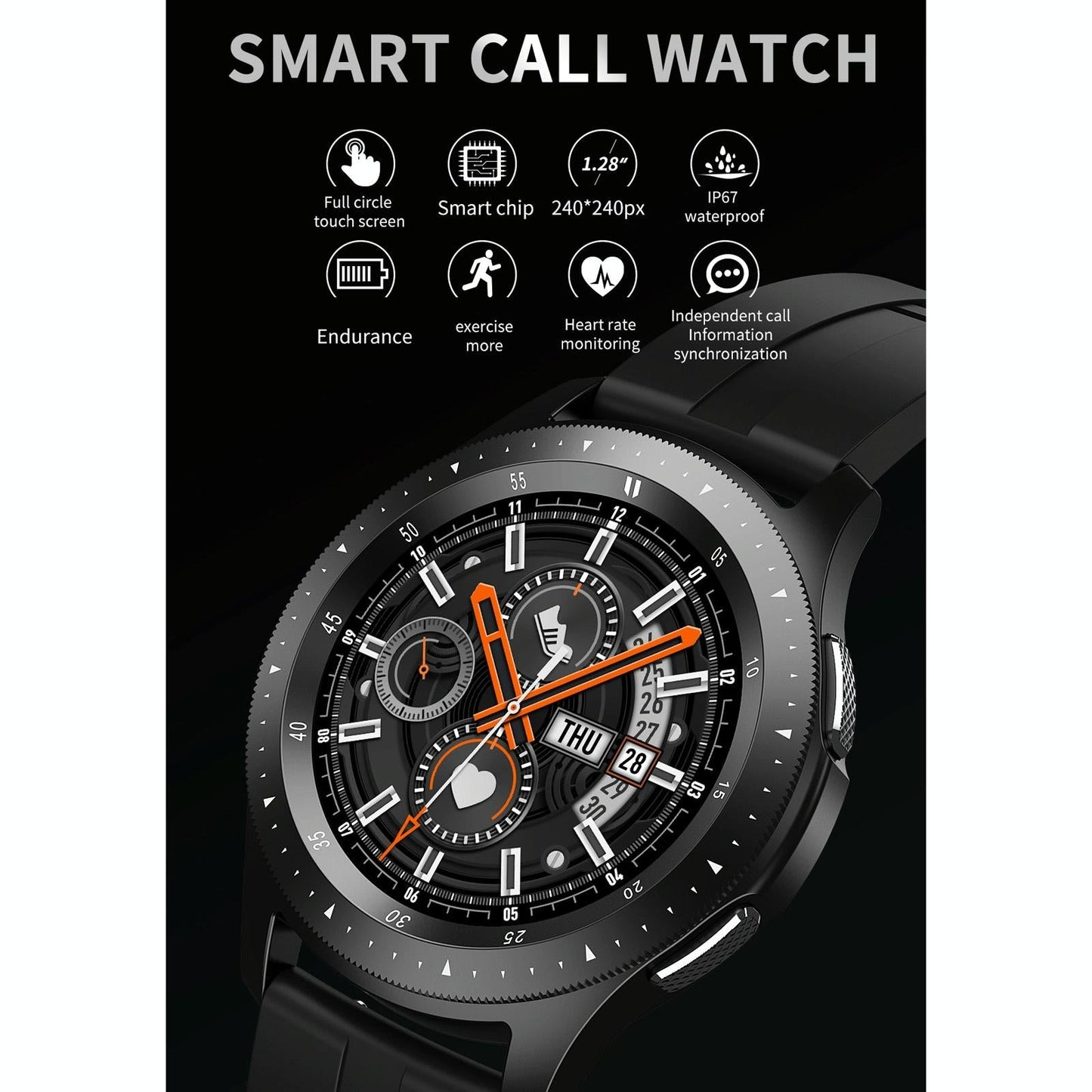 Waterproof Smart Bracelet With Touch Screen Bluetooth Call And Heart Rate Monitor - Black