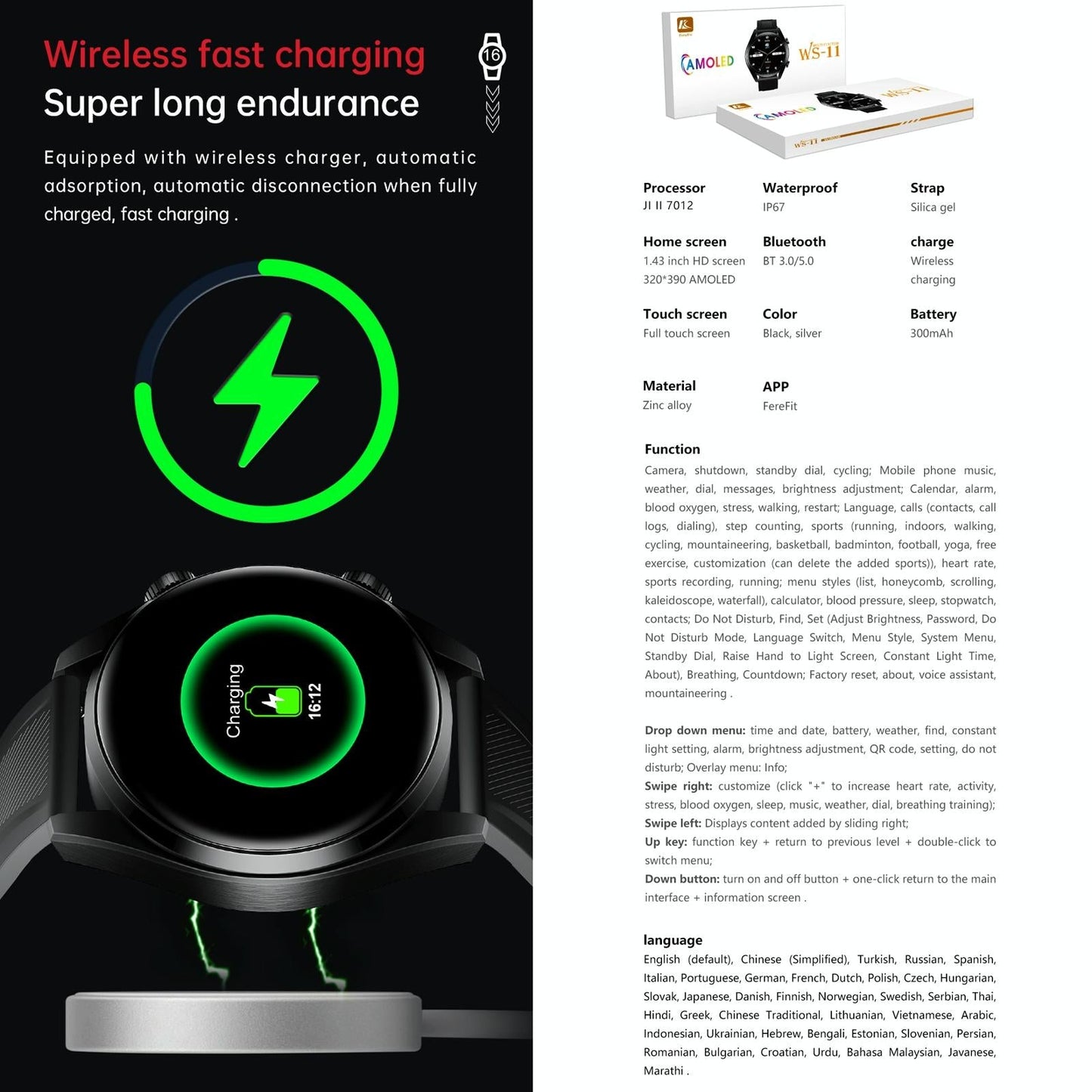 1.43 Inch Ip67 Sport Smart Watch Support Bluetooth Call / Sleep / Blood Oxygen / Heart Rate / Blood Pressure Health Monitor - Black
