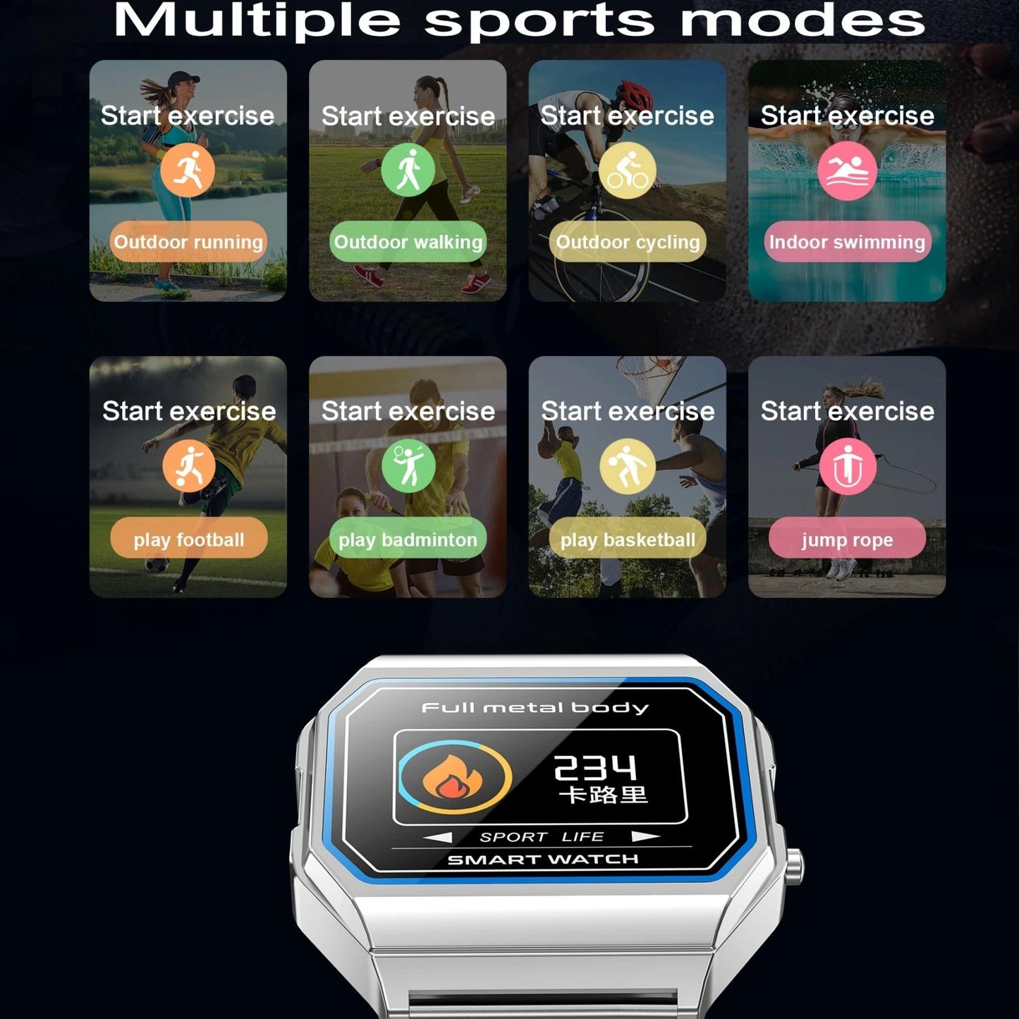 Waterproof Steel Smart Watch With Colour Screen - Black