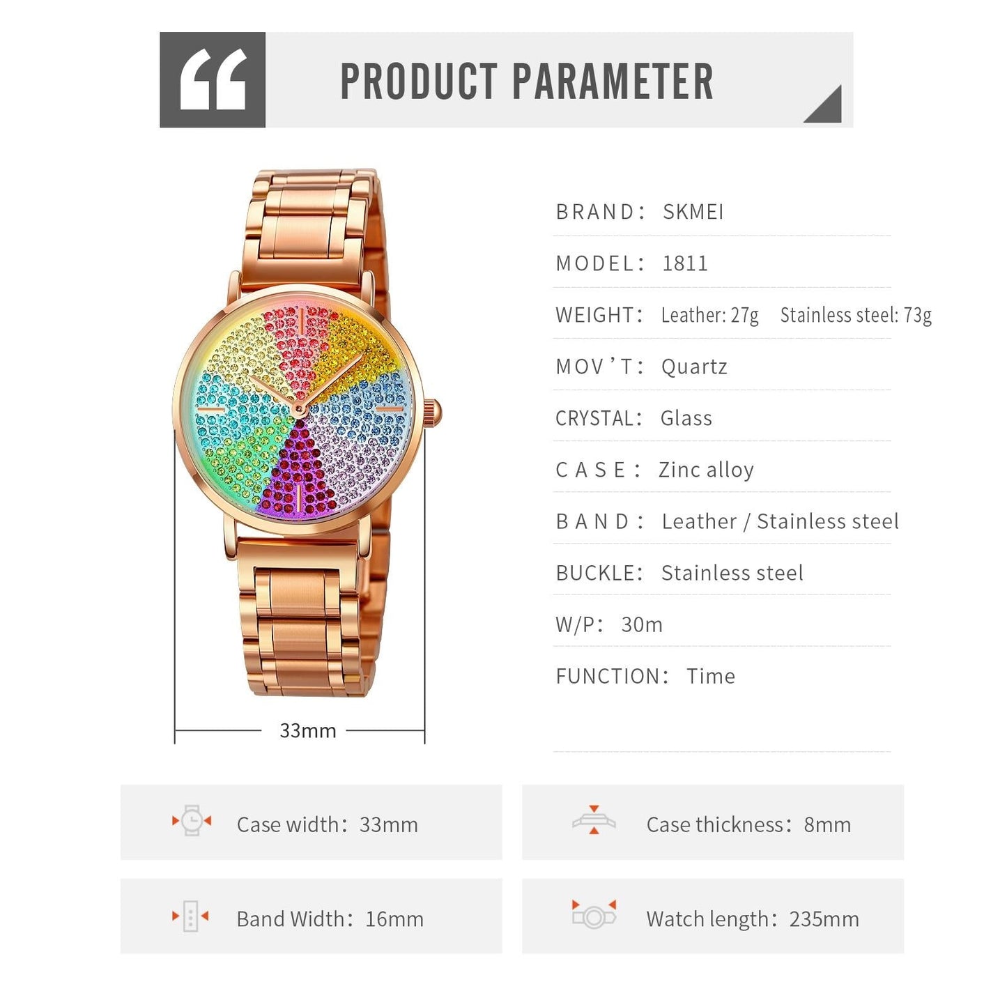Women Rose Gold Steel Watch with Eight Colour Diamond Dial