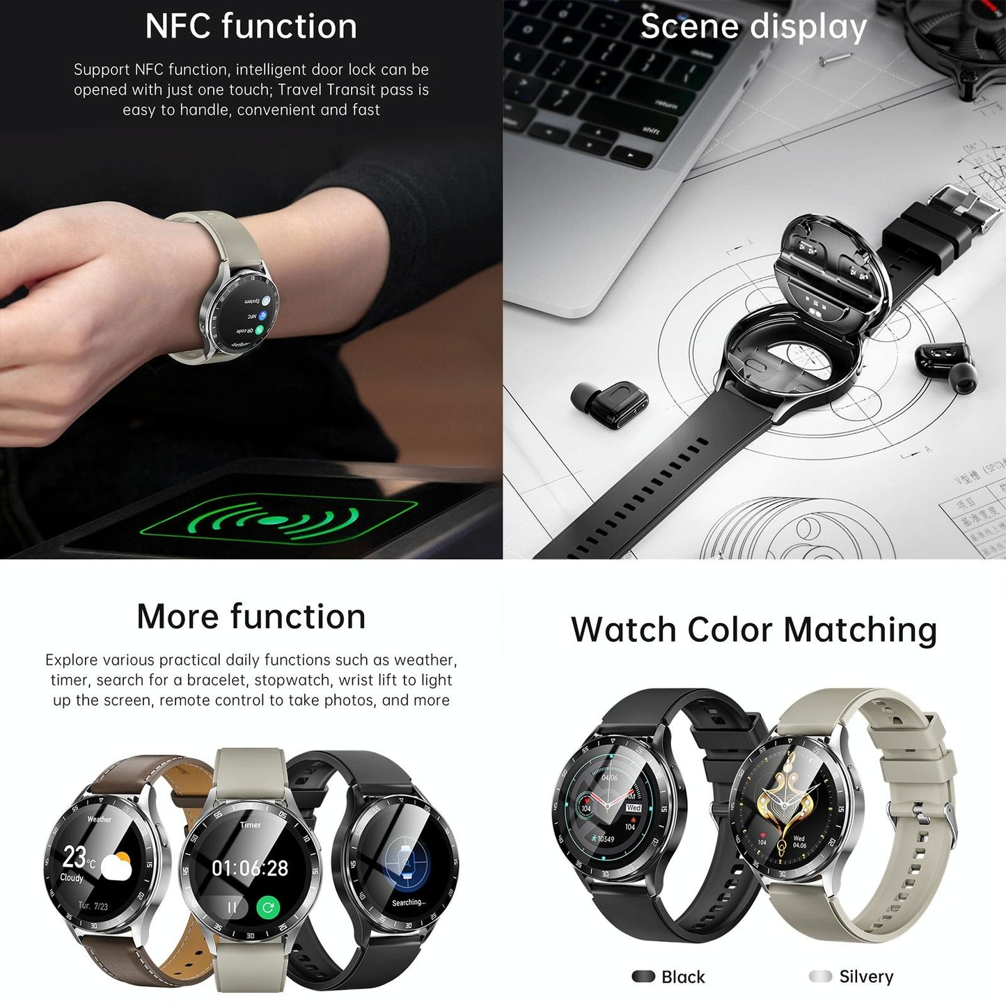 1.39 Inch Waterproof Bracelet Support Bluetooth Call / Nfc / Heart Rate - Silver