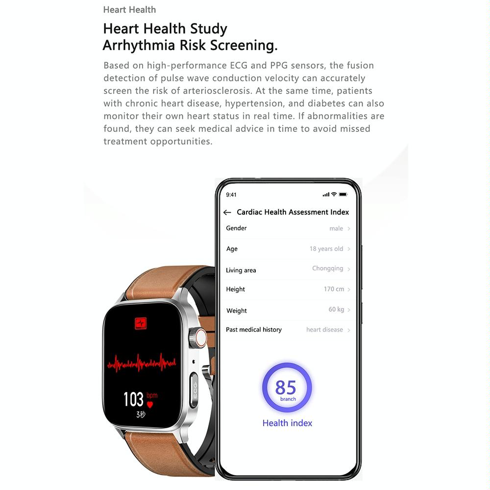 1.85 Inch Tft Screen Leather Band Health Smart Watch Support Bluetooth Call / Plateau Blood Oxygen / Body Temperature / Arrhythmia / Ti Heart Rate Monitoring - Brown
