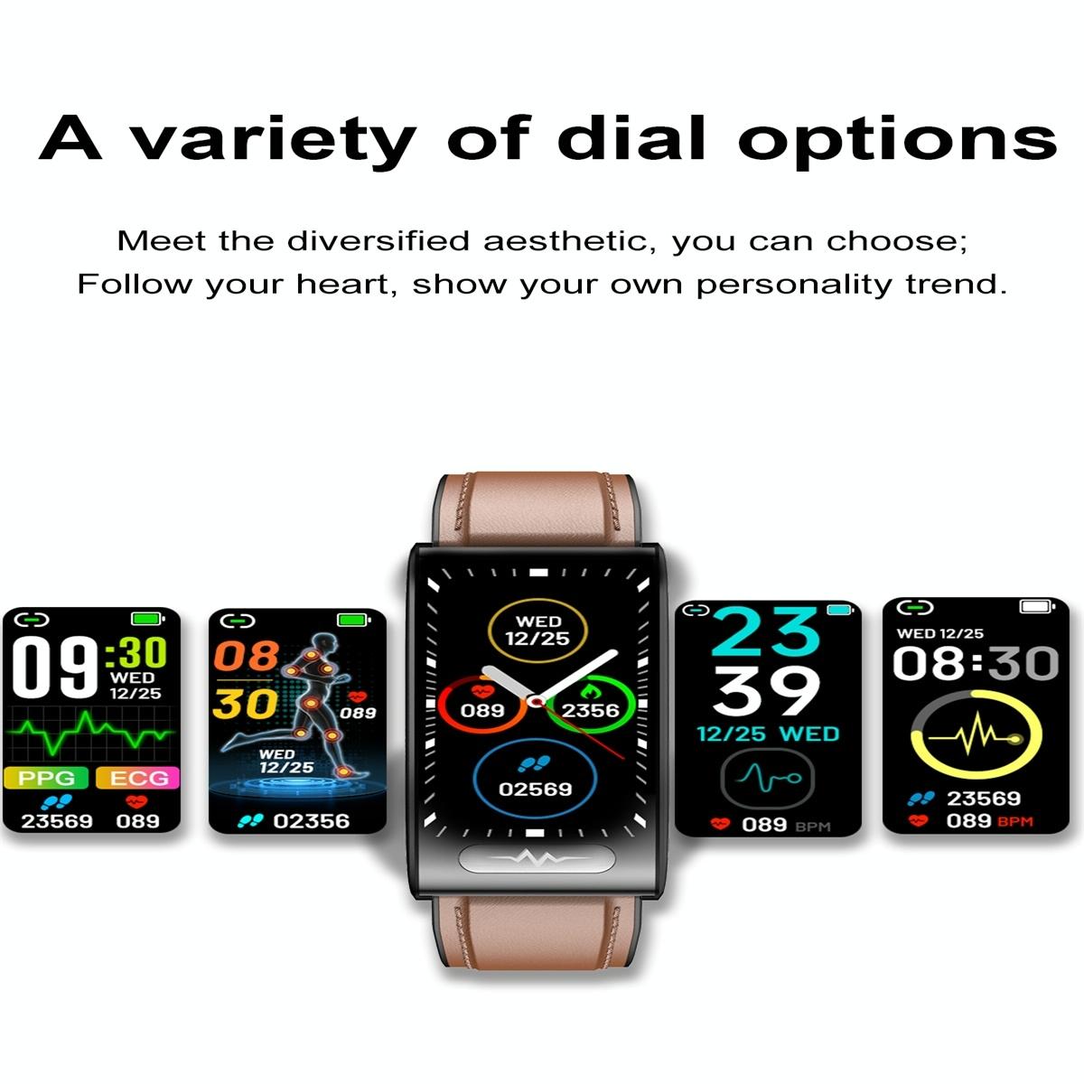 Health Monitoring Smart Leather Strap Watch With Colour Screen - Brown